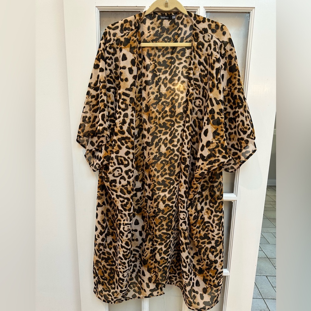Boohoo Leopard Print Beach Pool Open Front Kimono Cover Up Plus Size 20 US